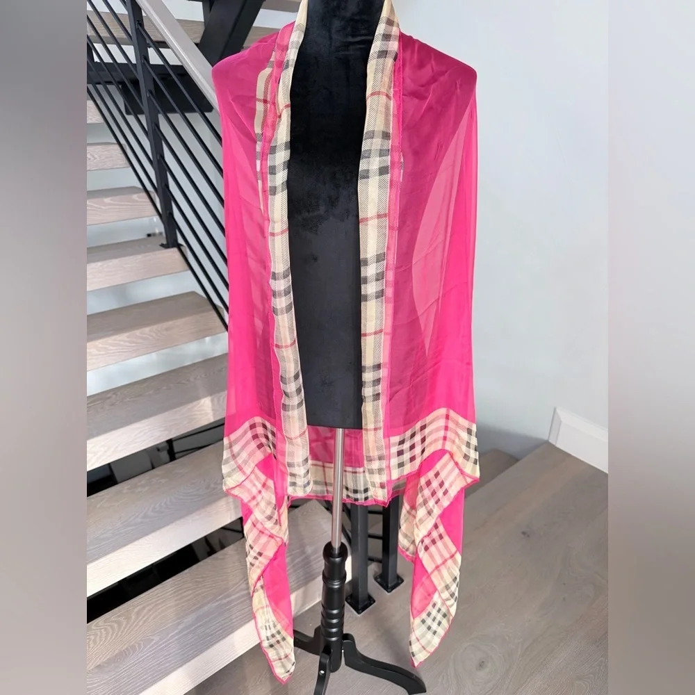 Pink Boho Vintage Sheer Scarf or Beach Wrap Shawl Cover up with Plaid Trim 67*42